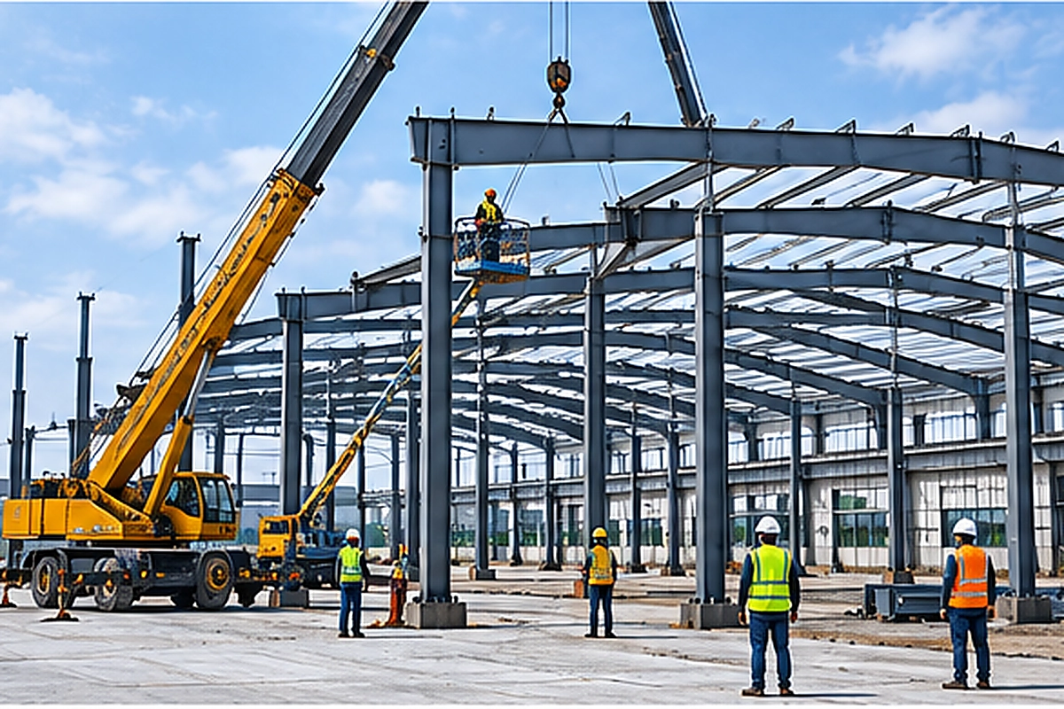 PEB erection and installation on industrial site